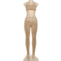 FAGADOER Sexy Bandage Patchwork 2 Piece Sets Woman Outfit Halter Sleeveless Crop Tops and Pants Matching Suit Female Streetwear
