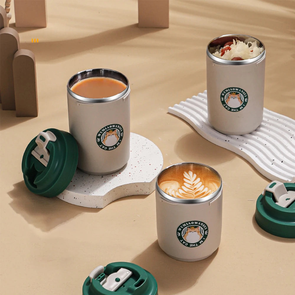 Stainless Steel Coffee Mug Double Layer Cup with Lid Water Cup Portable Cartoon Mug Gift Temperature Portable Vacuum Flasks Cup