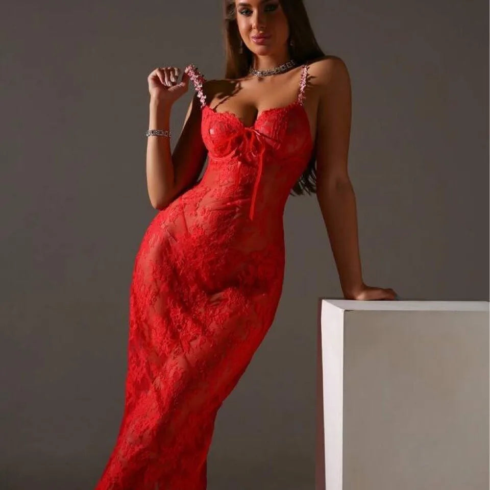 New Sexy Lace Mesh Transparent Embroidered Strap Dress Elegant Rose Red Long Dress V Neck 2025 New Fashion Tops QTZ9