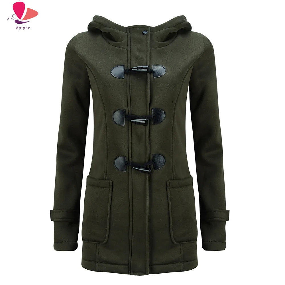 APIPEE Womens Winter Fashion Outdoor Warm Wool Blended Classic Pea Coat Jacket Women Horn Button With Zipper Clothes Hooded