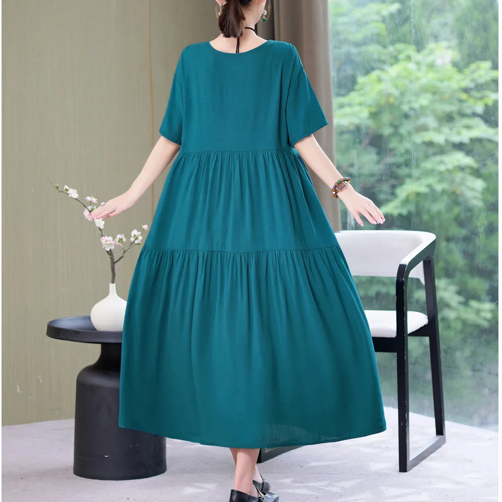 New Fashion 2023 Causal Summer Dresses For Women Loose Solid Long O-neck Dress Vintage Short Sleeve Womens Clothing