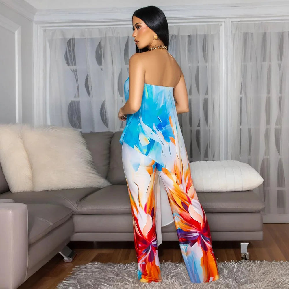CM.YAYA Beach Holiday Print Women's Set Strapless High Low Blouse Top and Pants Suit 2025 Street Summer Two 2 Piece Sets Outfit