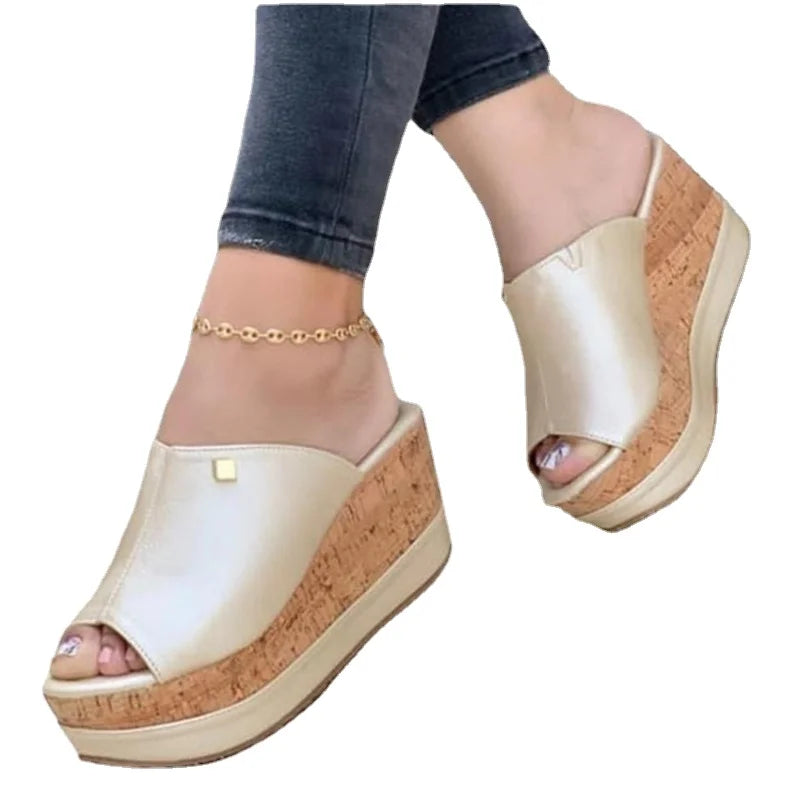 2023Slippers Summer  Wedges  Retro Fish Mouth Large Size Sandals Women High Heel Platform Solid Color Plus Size Shoes Sandalias