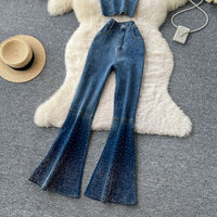 Denim Pant Set Women Two Piece Sets Sexy Matching Sets Sleeveless Short Tops Long Flare Pants High Waist Slim Hot Diamond