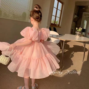 Girls Summer Dress Bubble Sleeve Birthday Dresses Party Princess Gown Baby Clothes Toddler Girl Dresses 2-7Y