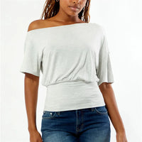 Women's Off Shoulder Short Sleeve Blouse Ruched Waist Fitted Cropped Top Casual Loose Dolman Sleeve Summer Streetwear