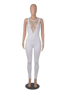 Women Sexy Mesh See Through Jumpsuit Sexy Deep V Neck Sequin Rhinestone Bodycon Jumpsuits