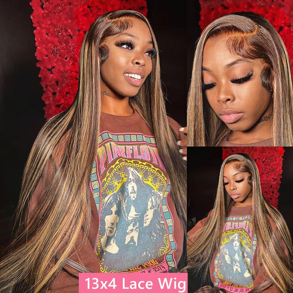 P4/27 Highlight Straight Human Hair Wig 13x6 Lace Pre Plucked Brazilian Blonde P4/27 Colored Human Hair Wig 46 Inch For Women