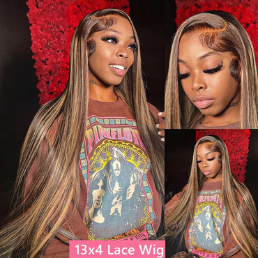 P4/27 Highlight Straight Human Hair Wig 13x6 Lace Pre Plucked Brazilian Blonde P4/27 Colored Human Hair Wig 46 Inch For Women