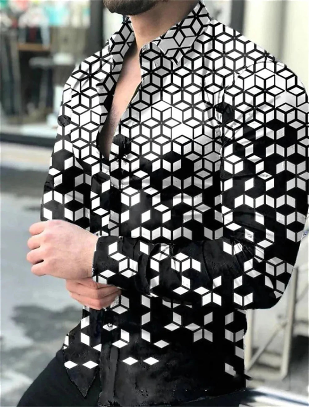 2023 men's party top luxury social men's lapel button shirt 3D printing long-sleeved shirt casual street designer clothing