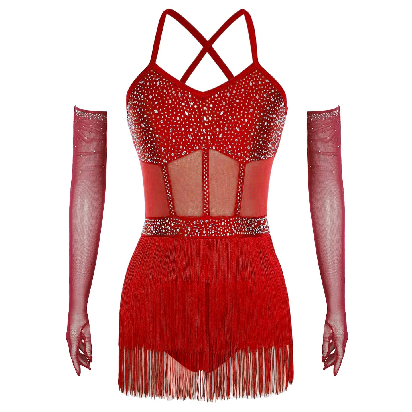 Womens Latin Dance Dress Sheer Mesh Patchwork Tiered Tassel Bodysuit Dress and Gloves for Tango Samba Dance Ballroom Dancewear