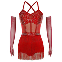 Womens Latin Dance Dress Sheer Mesh Patchwork Tiered Tassel Bodysuit Dress and Gloves for Tango Samba Dance Ballroom Dancewear