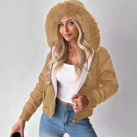 Large Fur Collar Hooded Zipper Sweatshirt Women's Jacket Winter Vintage Casual Hoodies Short Coat for Female Outfits Streetwear