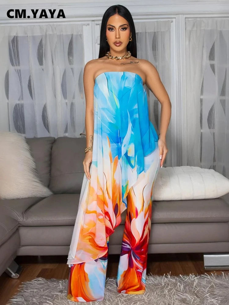 CM.YAYA Beach Holiday Print Women's Set Strapless High Low Blouse Top and Pants Suit 2025 Street Summer Two 2 Piece Sets Outfit