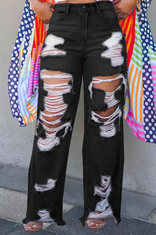 Hole Jeans for Women Ripped Straight Pants Mid Waist Distressed Washed Pockets Vintage Denims 2025 Streetwear Female Trousers