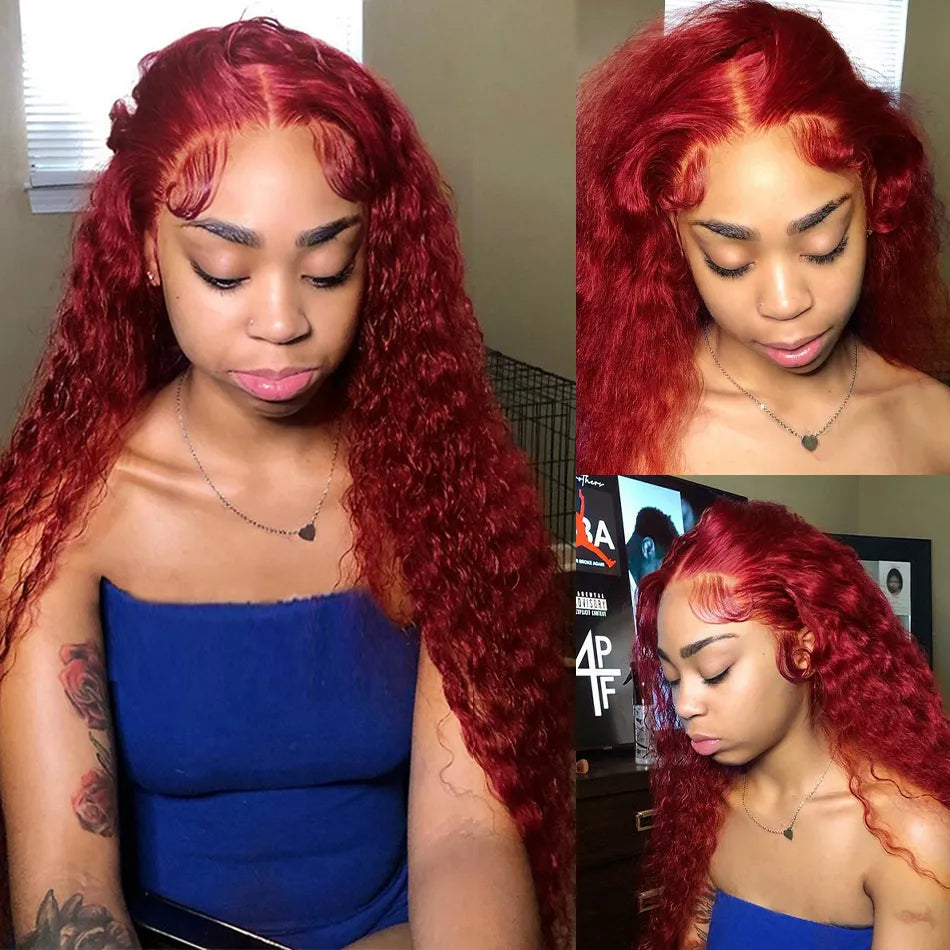 Burgundy Human Hair Lace Frontal Wigs Colored 99j Red Wig For Women Brazilian 13x4 Deep Wave 30 Inch Water Wave Lace Front Wig