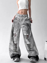 Women Jeans Pants American High Street Ripped Straight Wide-Leg Jeans For Women Design Tie-Dye Jazz Dance Cargo Full Thin Jeans
