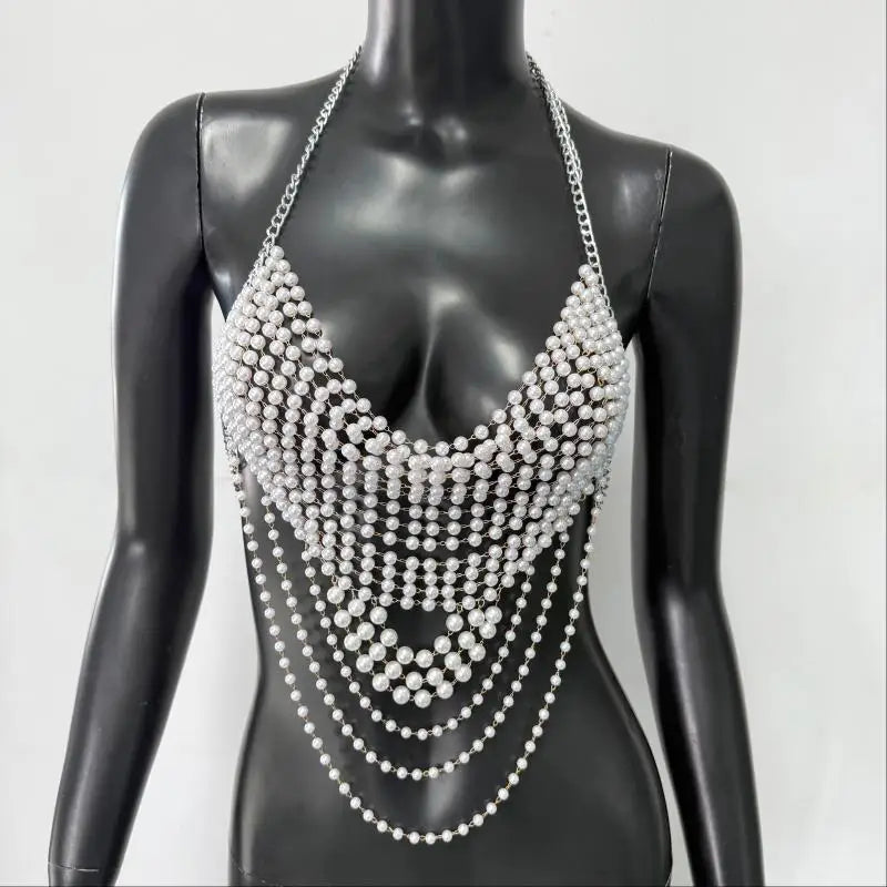 New Variety Of Body Chain Temperament White Pearl Suspender Silver Chain Top Metal Layered Fashionable Women's Clothing