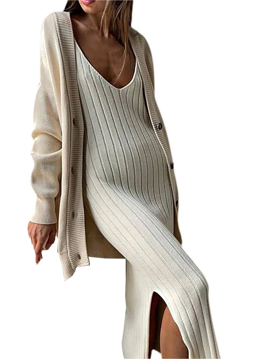 Ladies Temperament Knitted Slip Dress Women Leisure Vertical Stripe Sleeveless V-neck Backless Split Long Dress Spring Summer