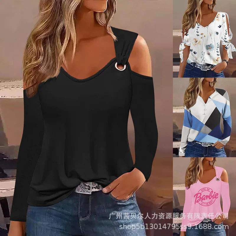 Eyelet Cold Shoulder Top O Neck Long Sleeve Summer T Shirt Tops Blouses Sexy Women Fashion