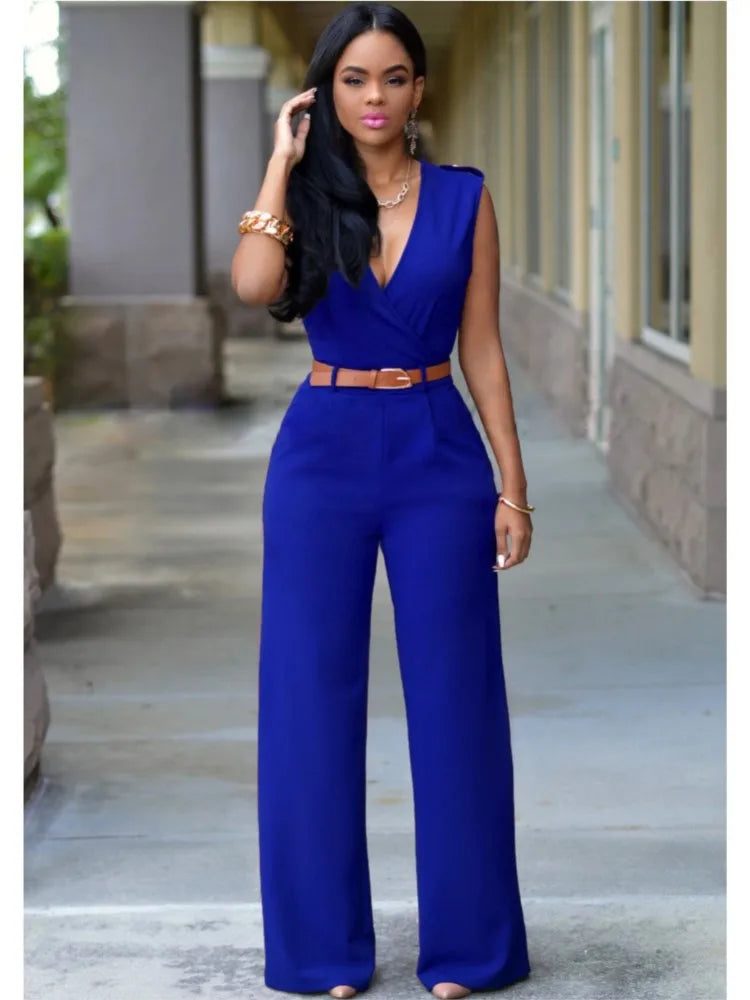 Women's Sexy Deep V Neck Sleeveless Solid Color Jumpsuit Fashion Slim Wrap Hip Elegant Female  Party Office Jumpsuit (with Belt)