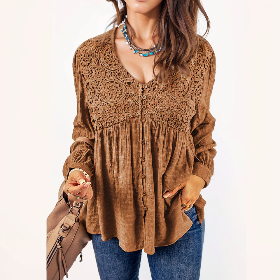 Fall 2024 New Brown Lace Crochet Shirt Women Fashion Style Fashion Button V Neck Little-Girl Style Clothes Tops Women