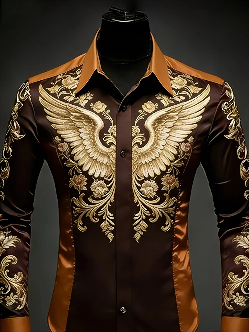 New 10 color men's long sleeved lapel shirt with fashionable 3D floral print and wing pattern long sleeved shirt