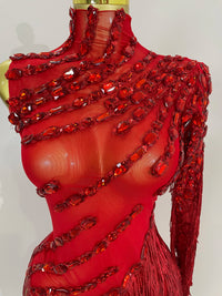 STOCK Sparkly Rhinestones Tassel Sexy See-Through Dress Women One Shoulder Latin Dance Outfits Bar Nightclub Party Stage Costume