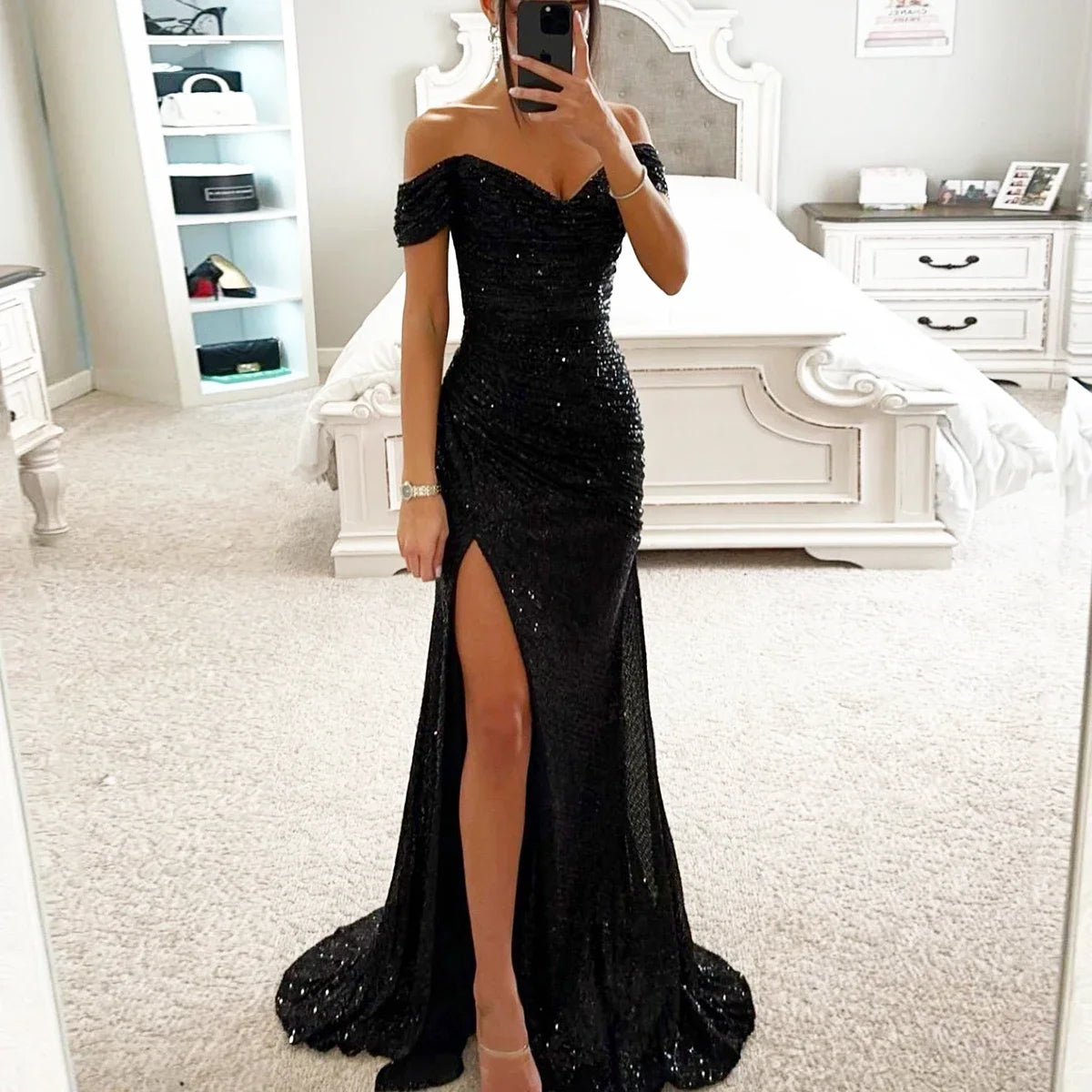 New Women Vintage Sequined V Neck Off Shoulder Slim Sexy Split Long Dress Evening Party Maxi Dresses Party Sequin Dress