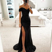 New Women Vintage Sequined V Neck Off Shoulder Slim Sexy Split Long Dress Evening Party Maxi Dresses Party Sequin Dress
