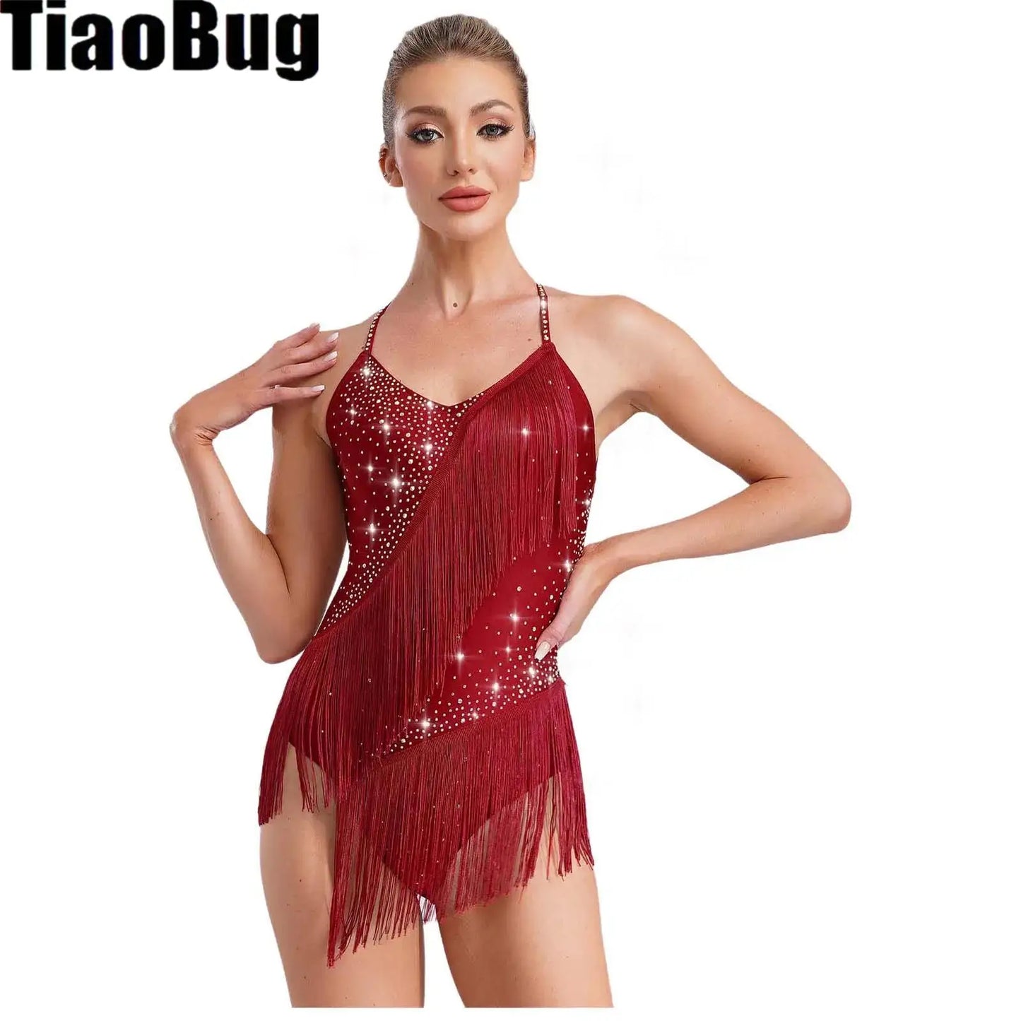 Women Latin Dance Leotard Sleeveless Halter Neck Rhinestones Adorned Backless Tassels Leotard for Performance Competition