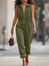 Streetwear Jumpsuit For Women Fashion Sleeveless Zipper Turn-down Collar Long Pants Jumpsuits Lady Casual Solid Women's Clothing