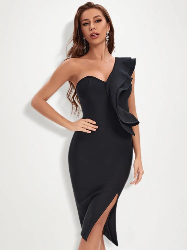 BEAUKEY Black One Shoulder Ruffles Split HL Bandage Dress Auntumn Winter Women Party Club Bodycon Dress Knee Length Vestidos