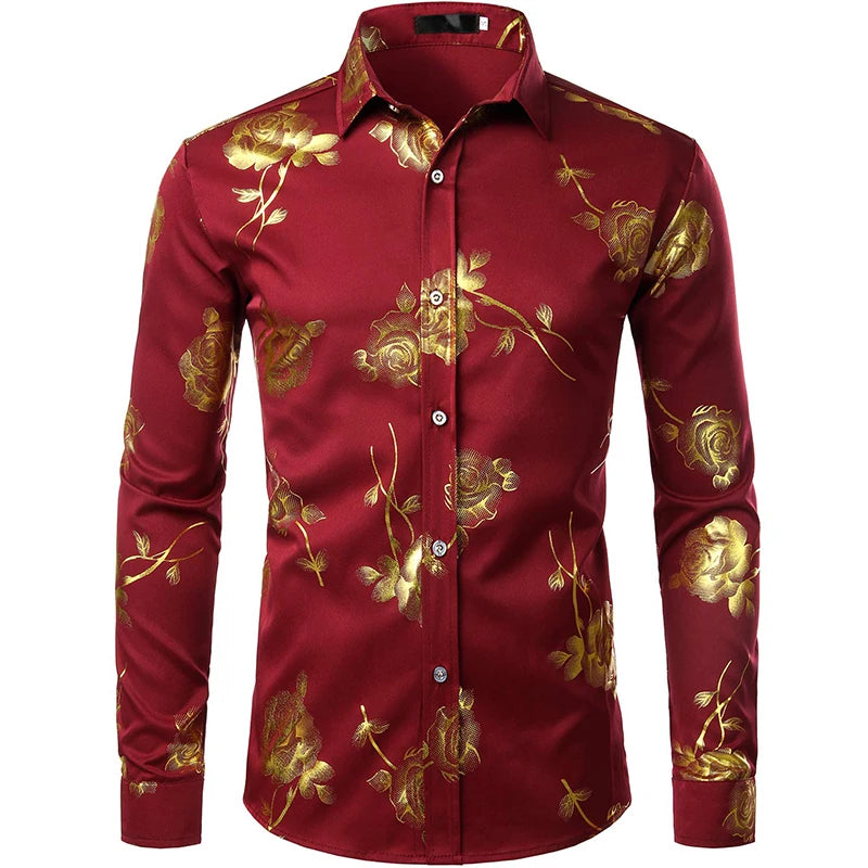 2024 New Men's Gold Shirt 3D Rose Print Slim Fit Button-Down Party Dress Shirt Athleisure Fashion Comfortable Long Sleeve