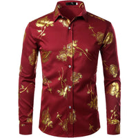 2024 New Men's Gold Shirt 3D Rose Print Slim Fit Button-Down Party Dress Shirt Athleisure Fashion Comfortable Long Sleeve