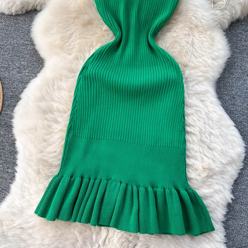 Summer Knitted Bodycon Sexy Dress 2026 O Neck Sleeveless Ruffled Party Sundress High Street Elastic Slim Short Dress