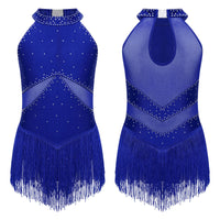 Kids Girls Sleeveless Fringed Bodysuit Moden Latin Jazz Dance Leotard Dress Rhinestones Gymnastics Skating Performance Costumes