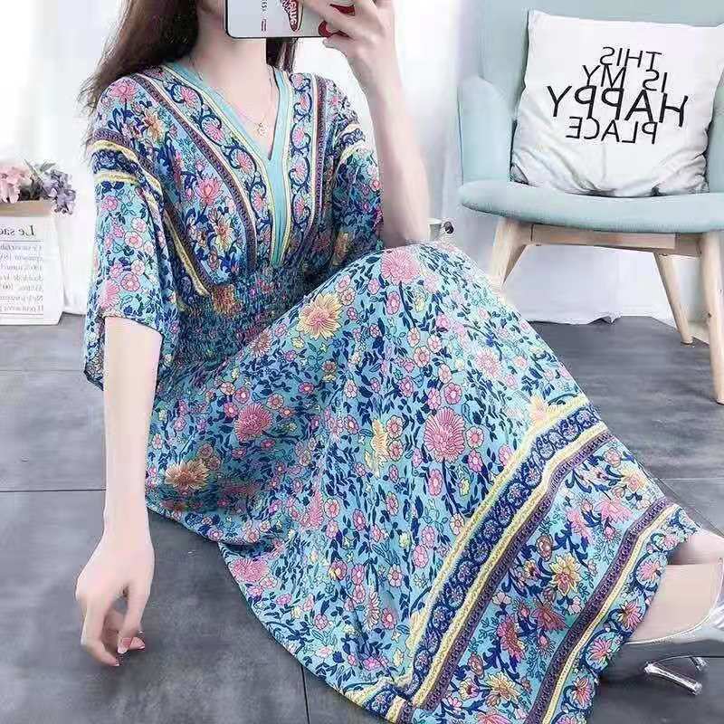 Summer Poplin Dresses Women Round Neck Puff Short Sleeve A Line Print Dresses Ethnic Style Tight High Waist Long Dress 2023