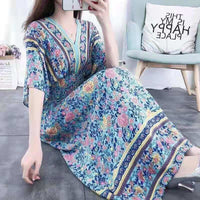 Summer Poplin Dresses Women Round Neck Puff Short Sleeve A Line Print Dresses Ethnic Style Tight High Waist Long Dress 2023