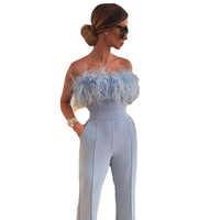 Women Sexy Jumpsuits Feather Bare Shoulder Pullover Jumpsuit Women Spring Solid Color Romper