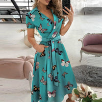 Sexy Women V-Neck Sexy Dresses Elegant Butterfly Print Long Sleeve Lace Up Wrap Midi Dress