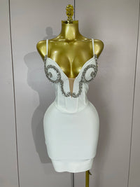 Sexy White Spaghetti Strap V Neck Crystal Sleeveless Bandage Dress Women Elegant Evening Party Cocktail Luxury Birthday Gowns