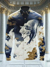New Orange Bottom Geometric Diamond Wings Printed Men's Long Sleeve Shirt with Collar and Satin Shirt Clothing