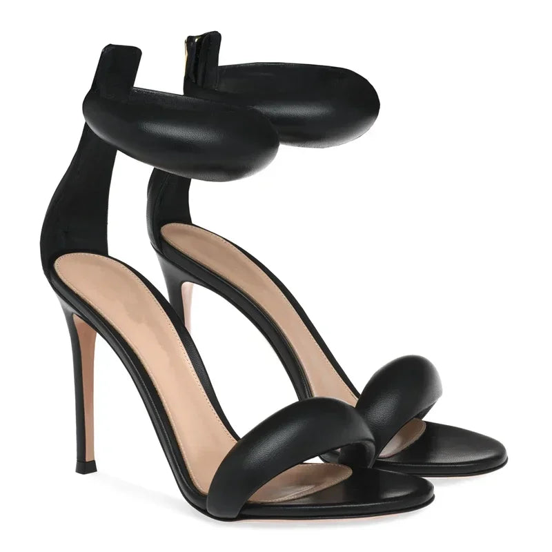 Golden open toed shoes, sexy one-piece belt, summer new high heels, women's slim heels, versatile fashion sandals