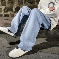Blue Washed Denim Jeans for Men Straight Loose Fit Wide Leg American Style High Street Casual Pants Trendy Simple