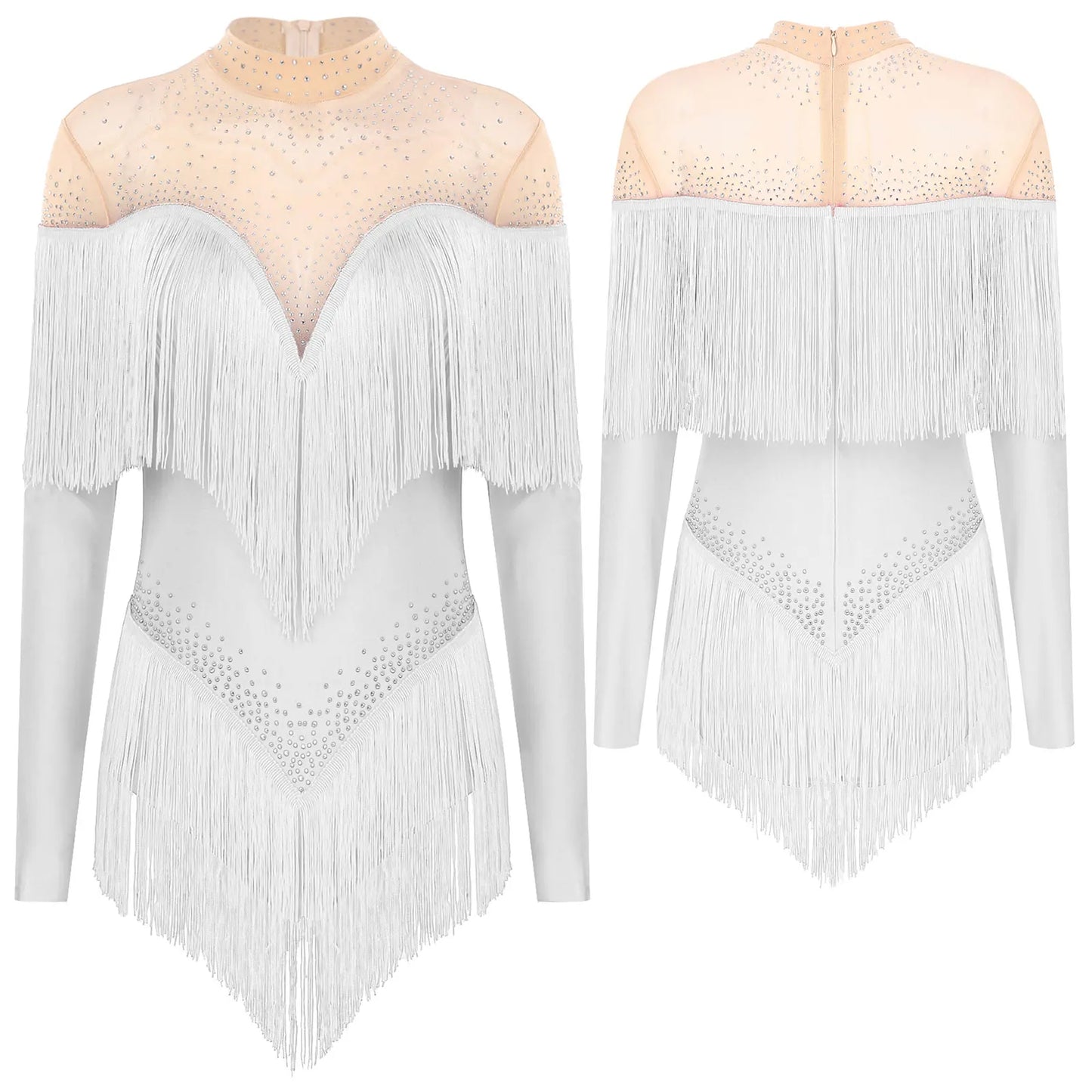 Rhinestone Tassel Leotard Dress for Women's Latin Jazz Dance Performance Clothes Ballroom Fringed Jazz Samba Tango Dresses