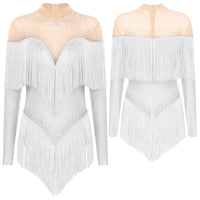 Rhinestone Tassel Leotard Dress for Women's Latin Jazz Dance Performance Clothes Ballroom Fringed Jazz Samba Tango Dresses