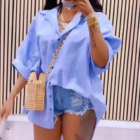 2024 Spring Summer New Women's Striped Back Hollow-out Split Drawstring Strap Design Half Sleeves Loose Shirt Top