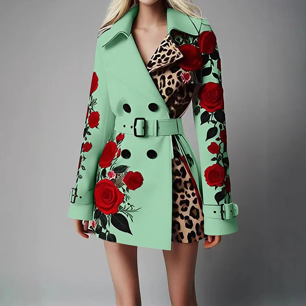Women New Long Sleeve Floral Flower Printed Office Coat Double Button Belt Lapel Collar High Waist Jacket