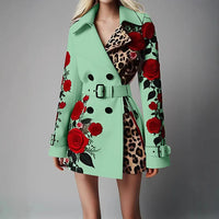 Women New Long Sleeve Floral Flower Printed Office Coat Double Button Belt Lapel Collar High Waist Jacket